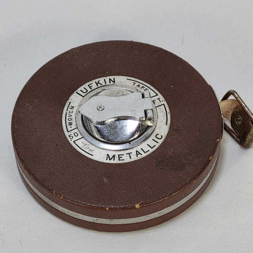 Vintage Lufkin Rule Co 50ft Woven Metallic Tape Measure Leather Case USA Made